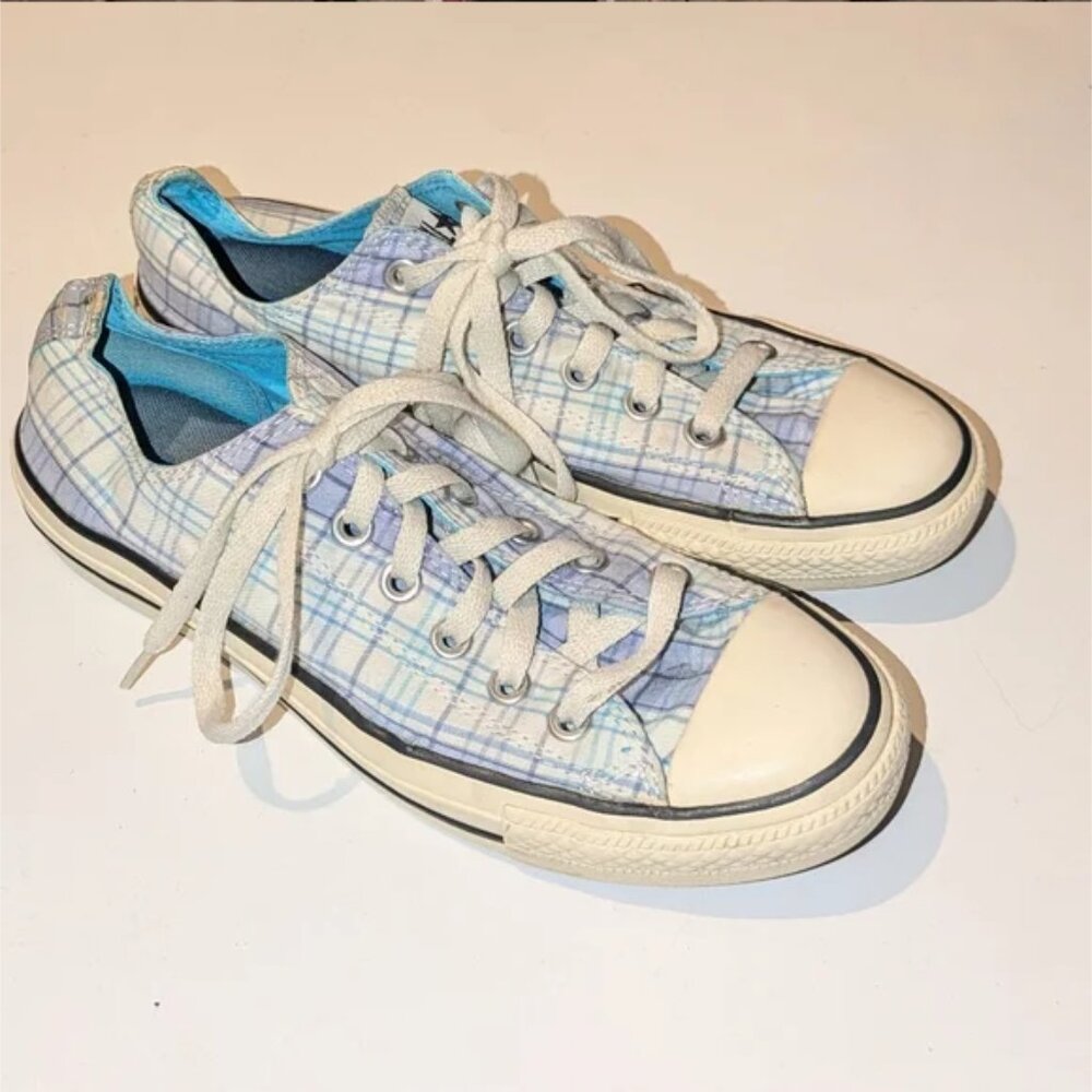 Converse Tie Baby Blue Plaid Gym Shoe W 9 M 7